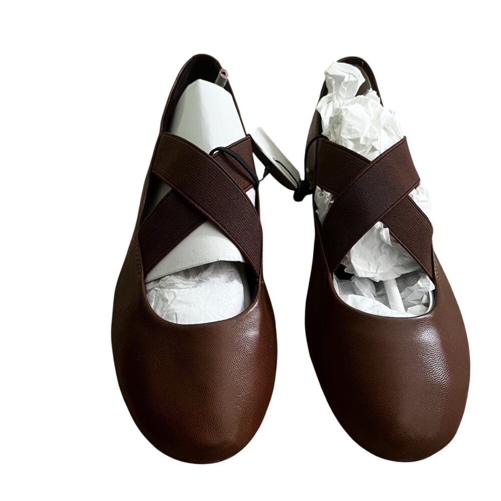 ZARA Leather Ballet Flats with Crossed Elastic Straps – Chocolate Brown Size 7.5 - Picture 6 of 8